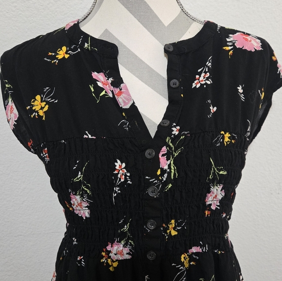 FREE PEOPLE Greatest Day Floral Dress Black Pink Yellow Smocked Waist Medium - Picture 3 of 16